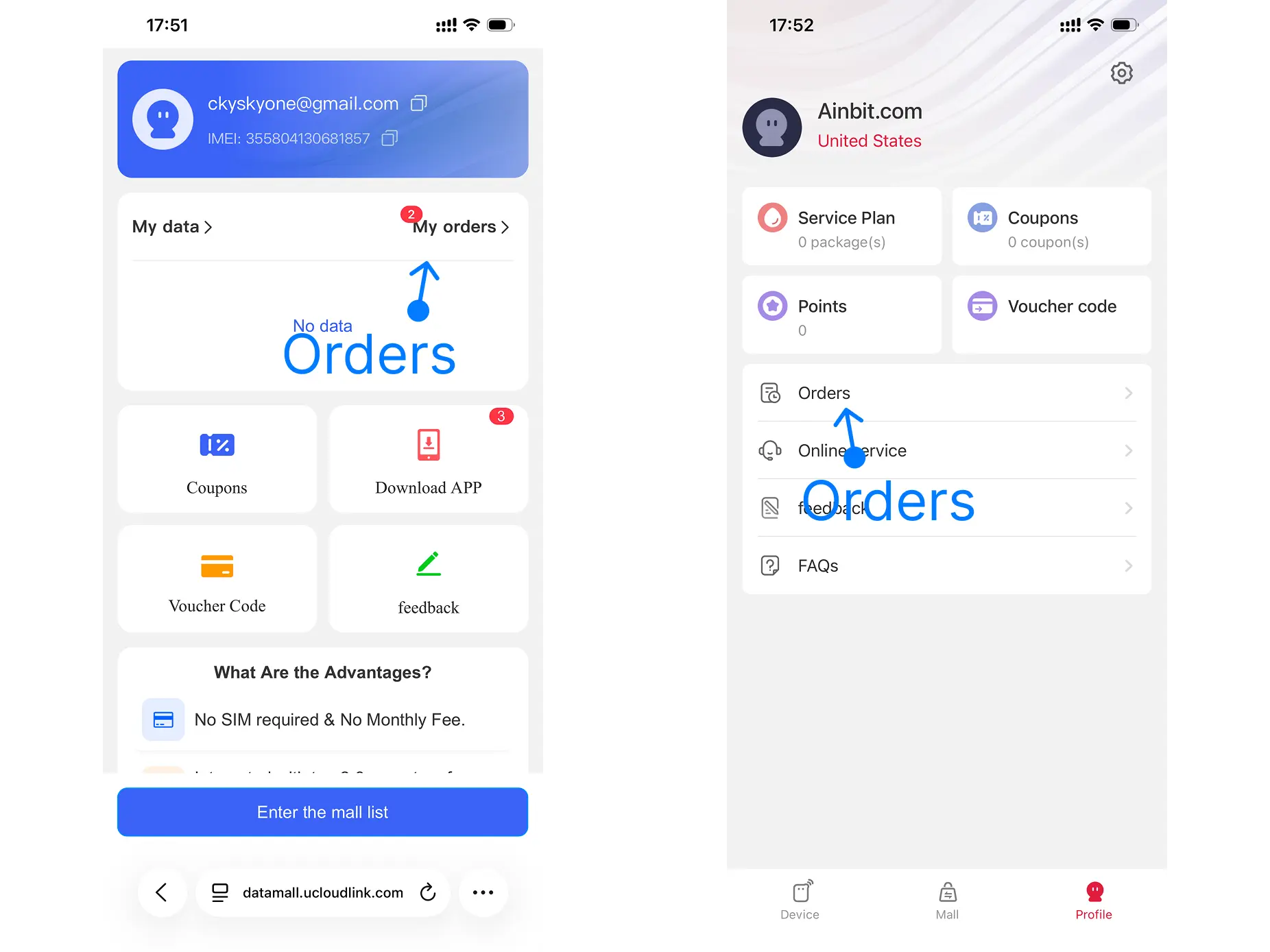 Check order status in Data Mall or GlocalMeIOT