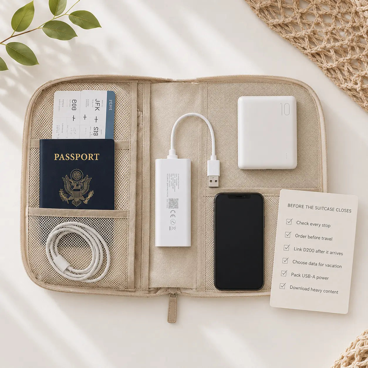 D200 portable Wi-Fi packed with a USB-A power source before travel day.