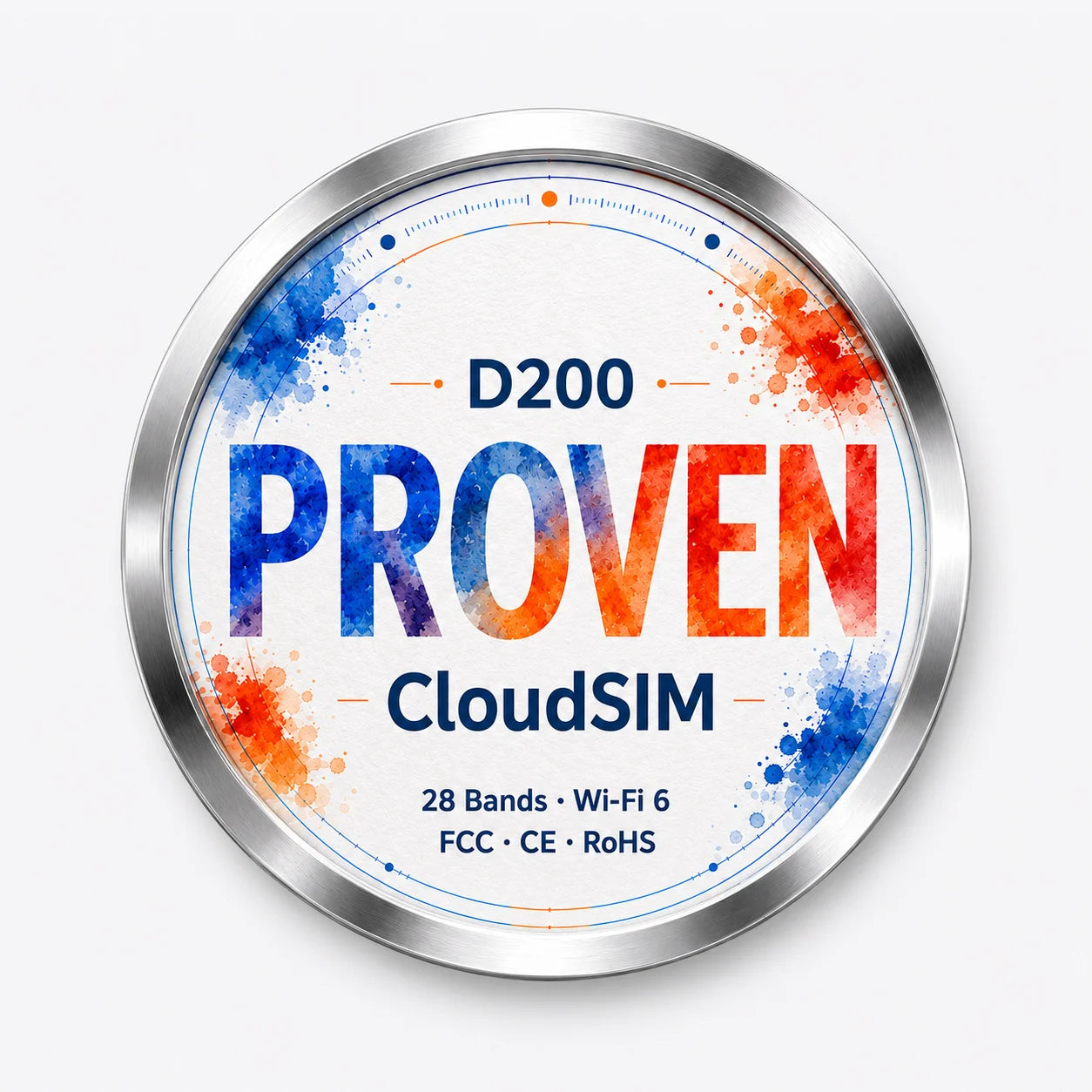 D200 portable Wi-Fi proven technology badge with CloudSIM, 28 bands, Wi-Fi 6, FCC, CE, and RoHS proof details.