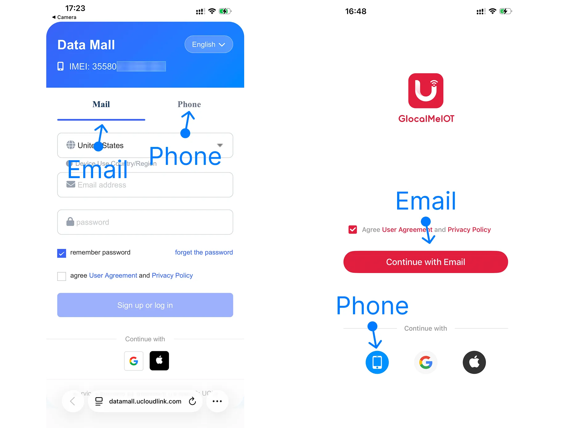 Create a Data Mall or GlocalMeIOT account with email or phone
