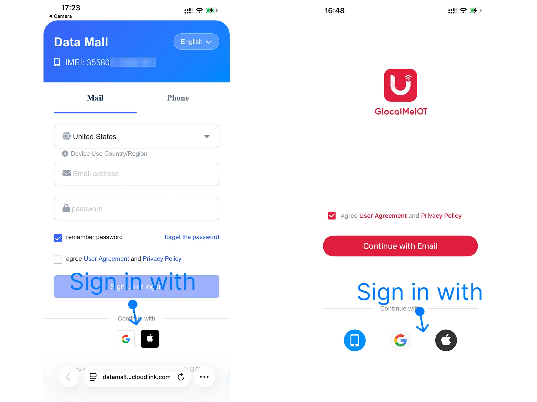 Sign in to Data Mall or GlocalMeIOT with Apple ID or Google account