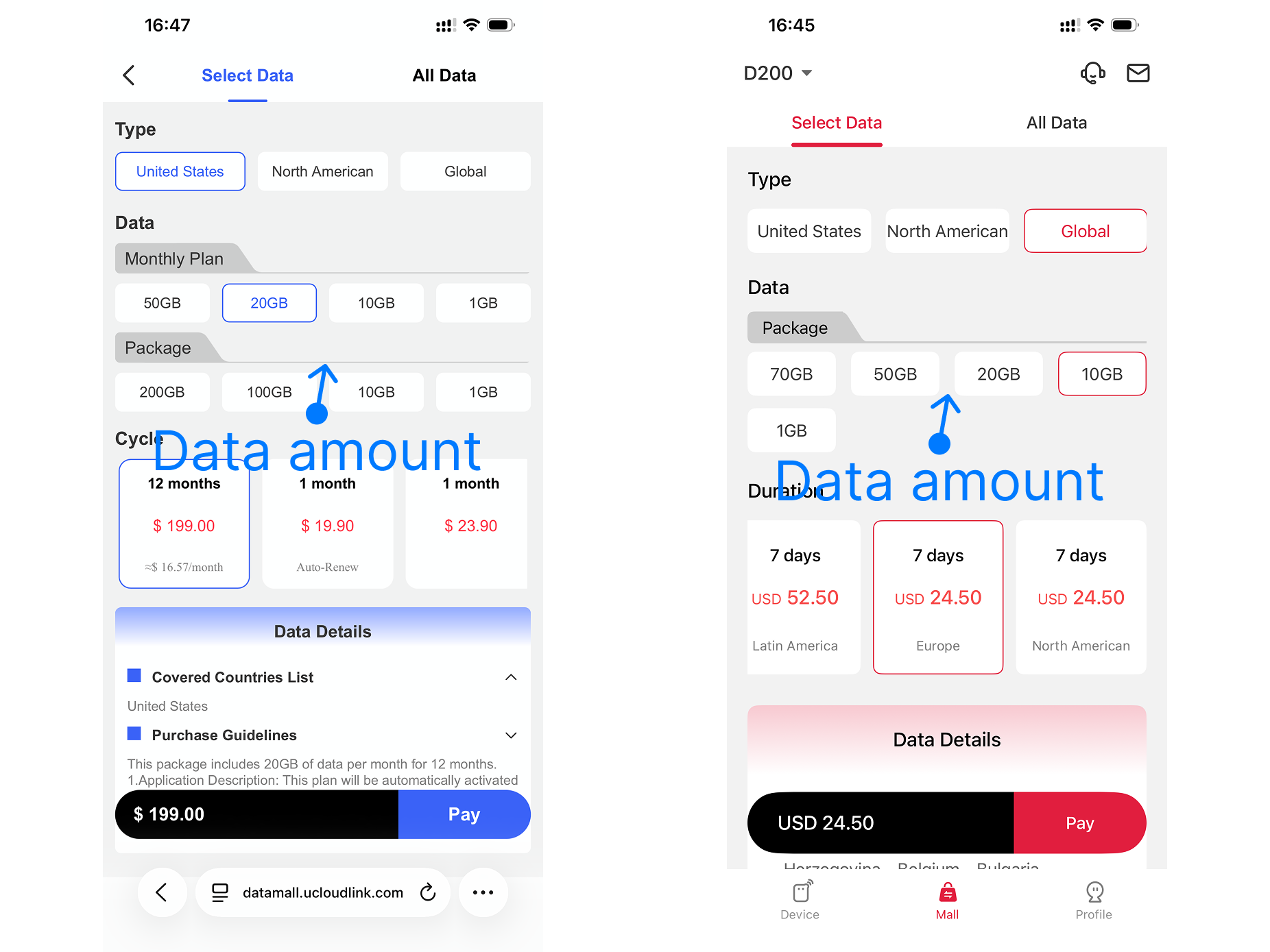 Choose the data amount for a Data Mall or GlocalMeIOT plan