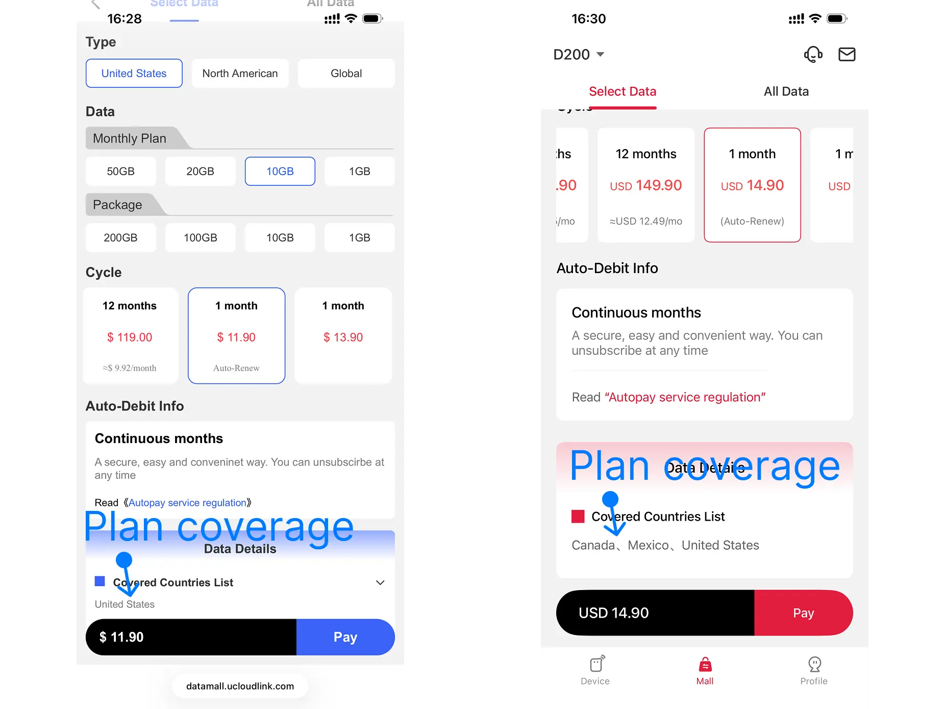 Choose data plan coverage in Data Mall or GlocalMeIOT