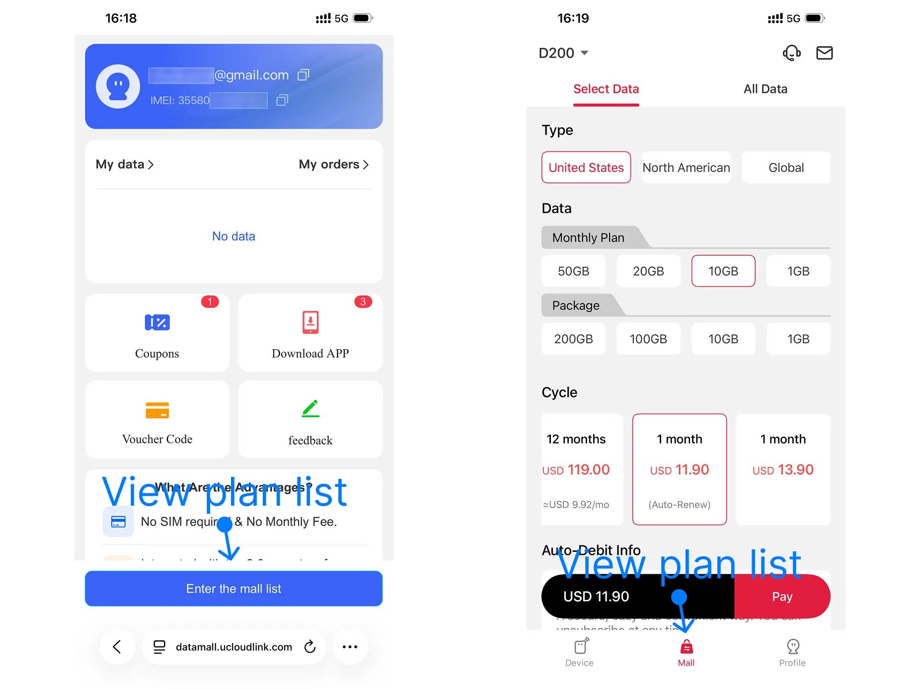 Open the data plan list in Data Mall or the GlocalMeIOT app