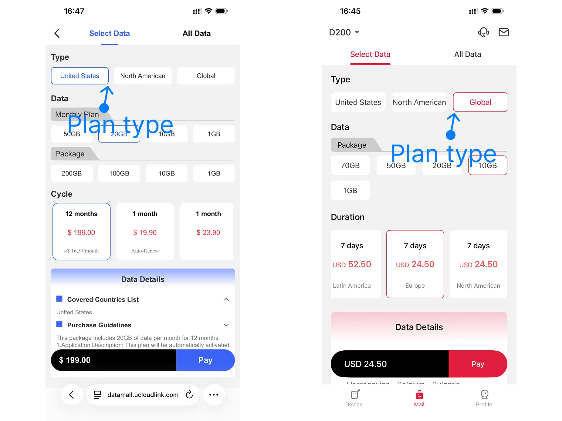 Choose a data plan type in Data Mall or GlocalMeIOT