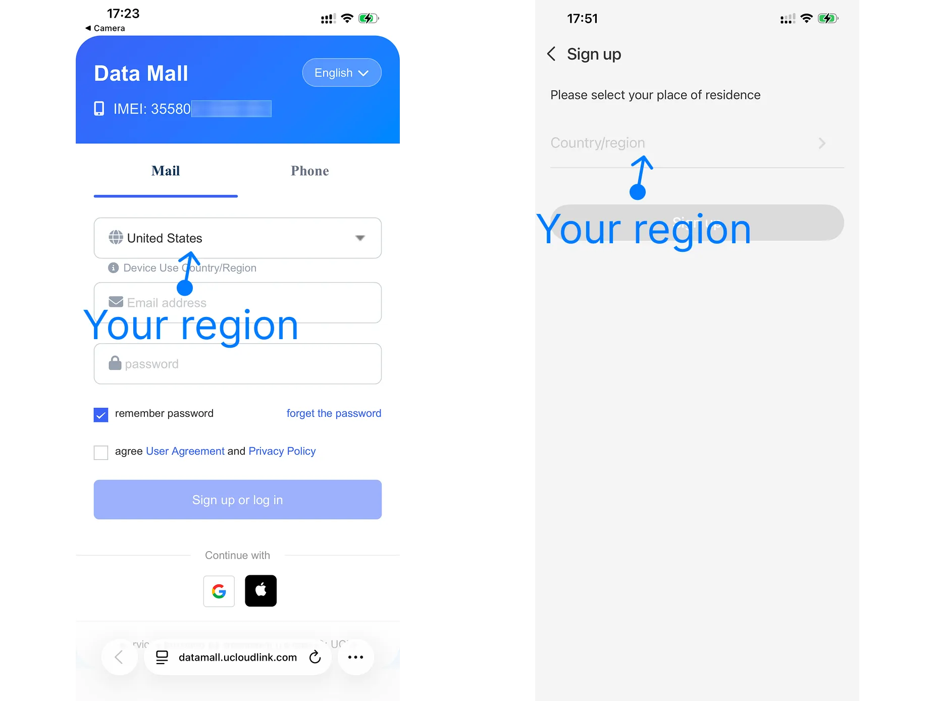 Choose your registration region for Local data plans