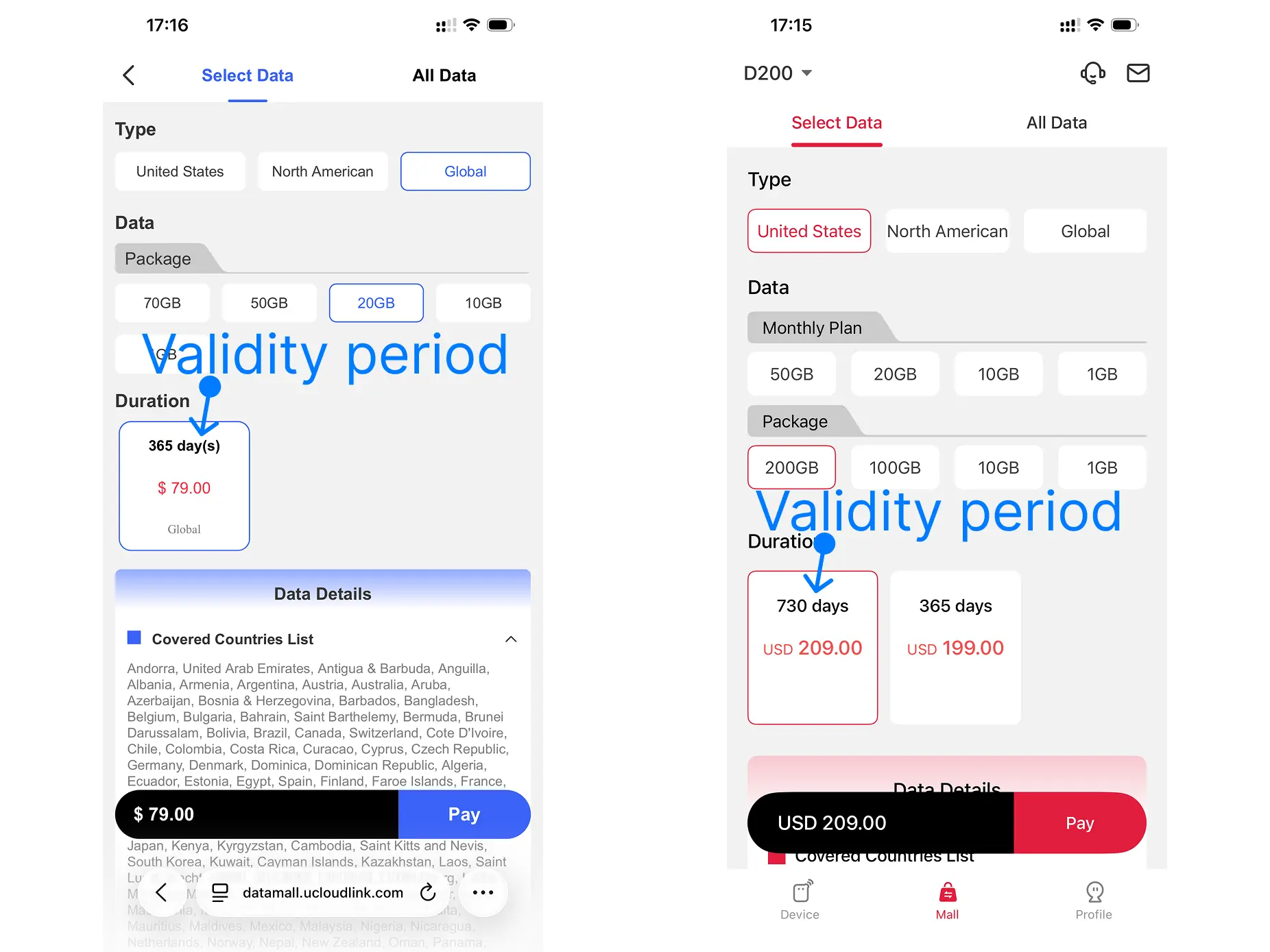 Choose the validity period for a Data Mall or GlocalMeIOT plan